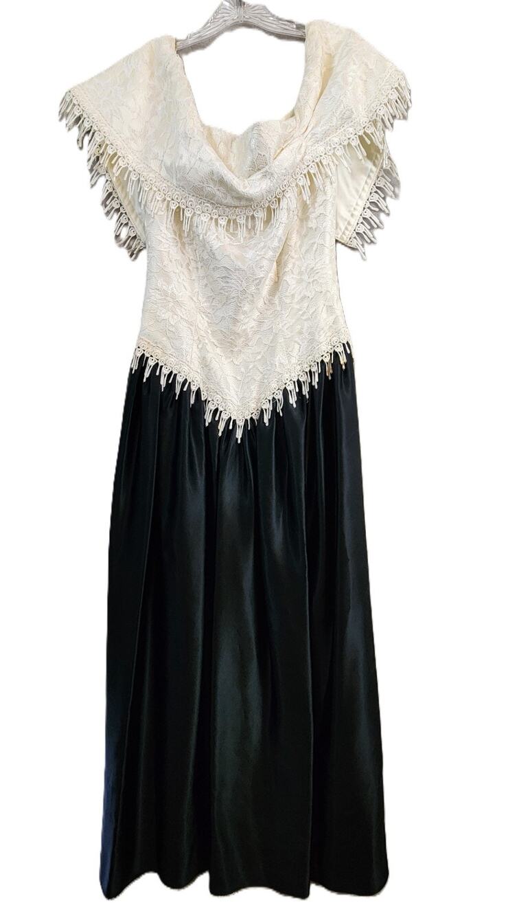 Vintage Cream Lace Fringe Bodice & Black Satin Two‑Tone Dress Evening Cocktail